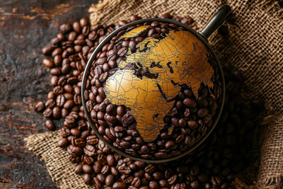 Scoop of coffee beans arranged around a map-covered globe on burlap, symbolizing coffee’s global reach