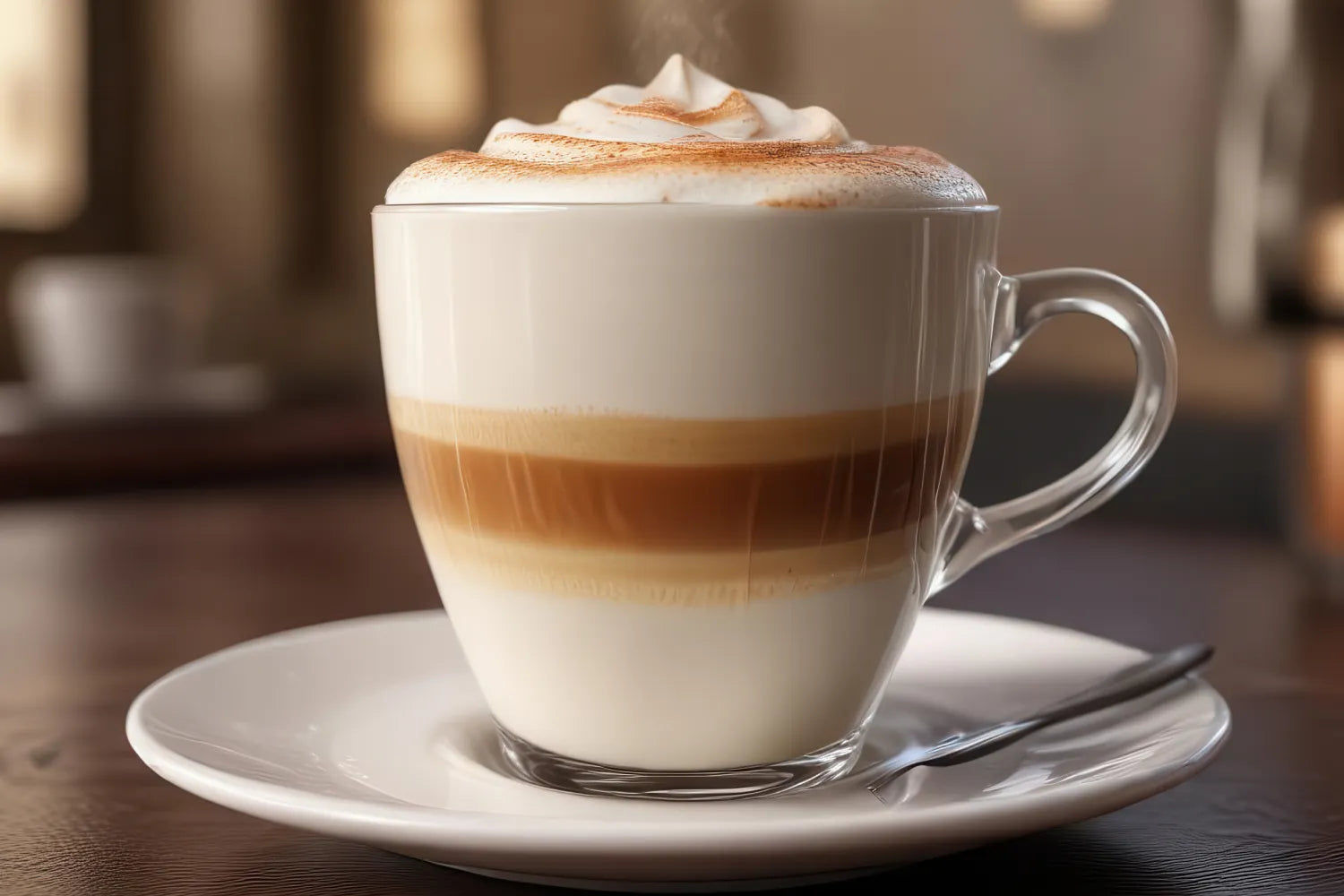 Side view of bone-dry cappuccino in a clear glass cup showing layered milk and espresso and thick frothed foam dusted with cinnamon on a saucer