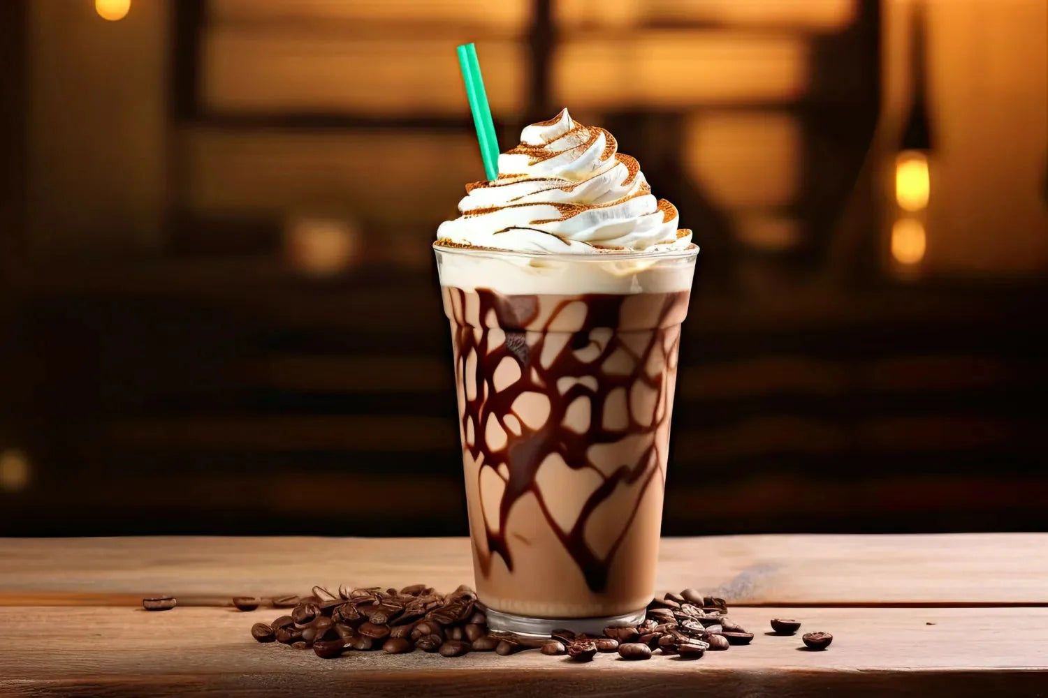 Front view of chocolate Frappuccino showing whipped cream, chocolate drizzle, and green straw on a wooden table with coffee beans