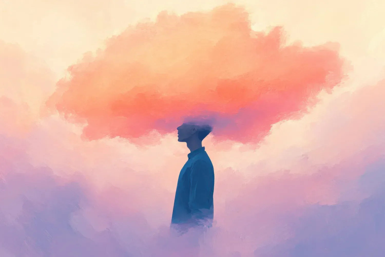 Profile silhouette of a person with an orange-pink cloud replacing their head against a soft pastel sky