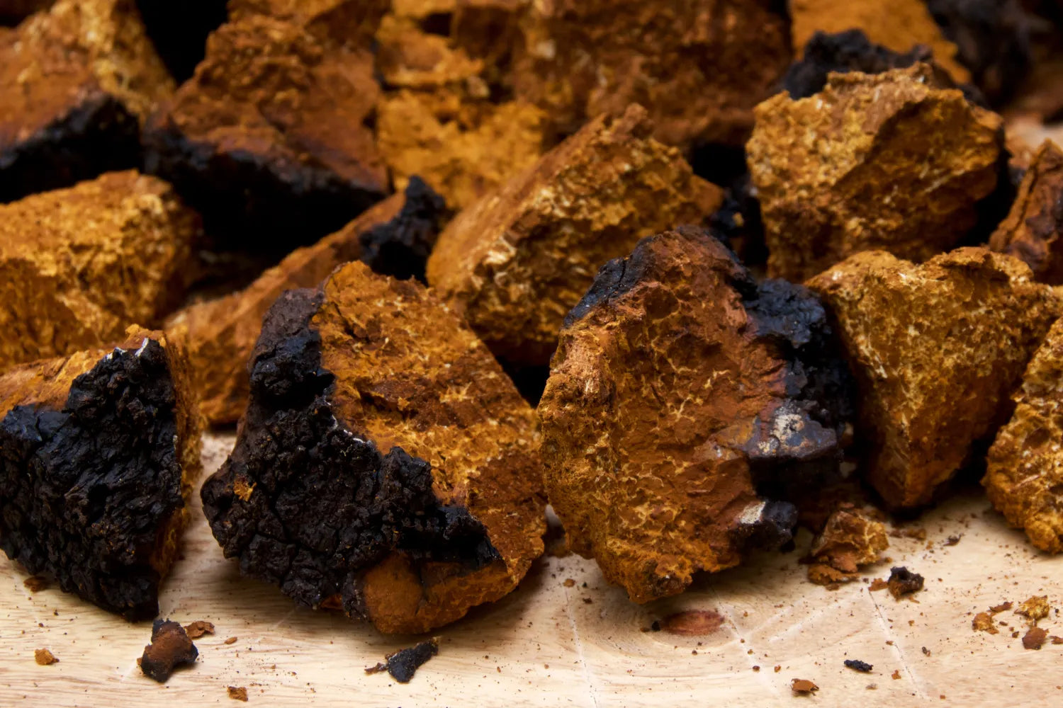 Close-up of chaga mushroom chunks showing rough orange-brown interior and charred black exterior on a wooden board