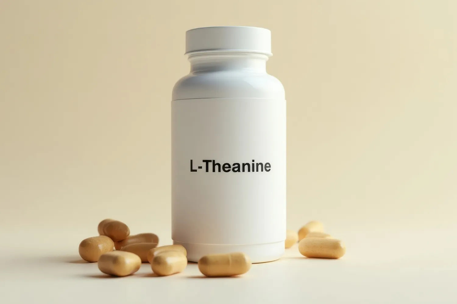 Front view of L-Theanine supplement bottle showing the label and scattered beige capsules on a soft beige background
