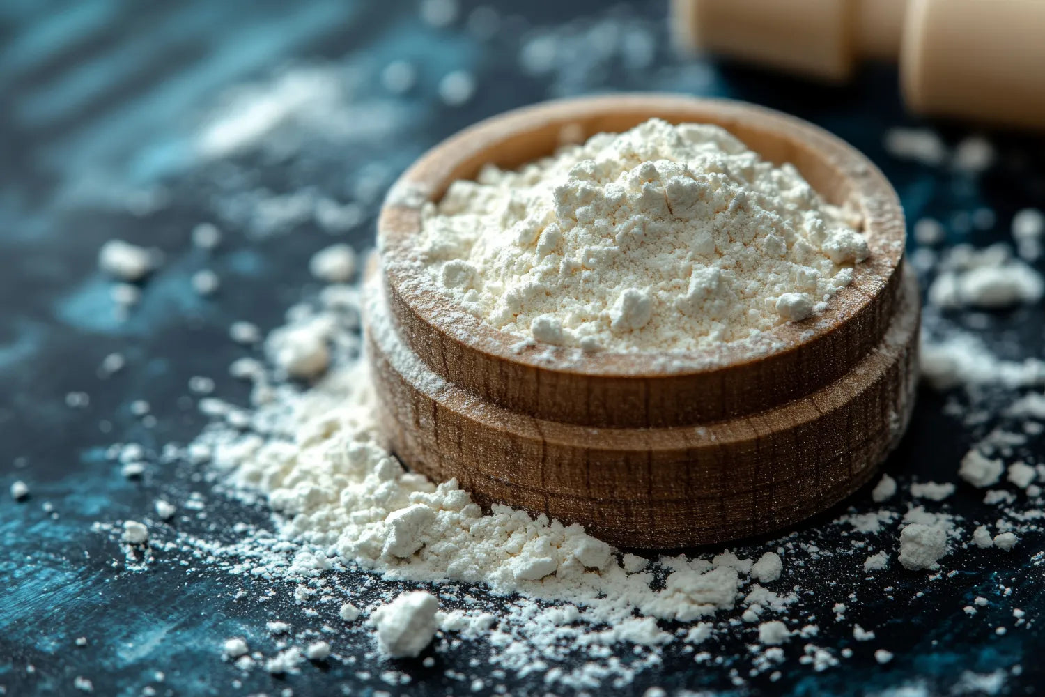 Wooden bowl filled with white supplement powder on a dark blue textured surface