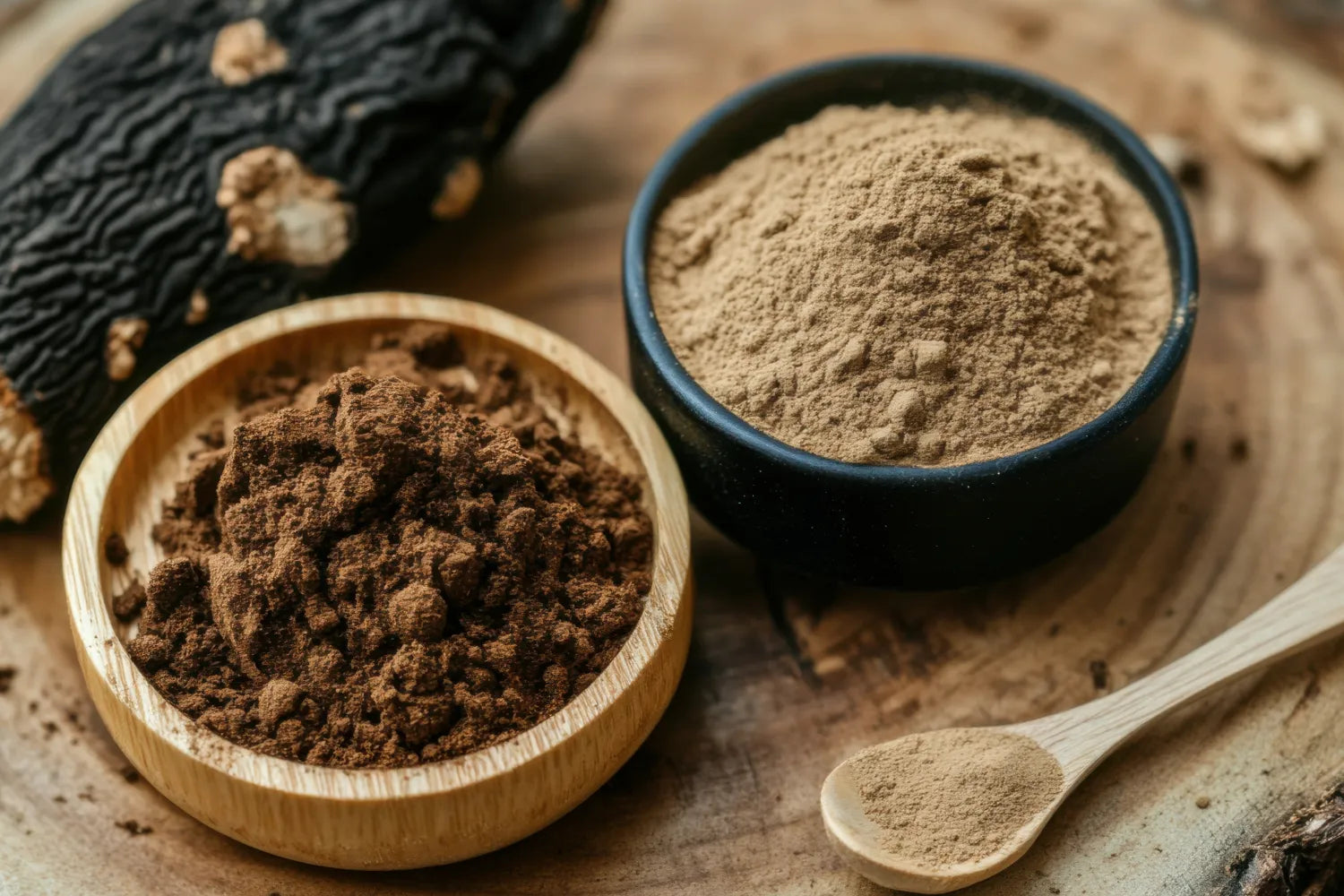 Close-up of Lion’s Mane and Chaga mushroom powders showcasing contrasting dark and light textures with a wooden spoon on a wood board