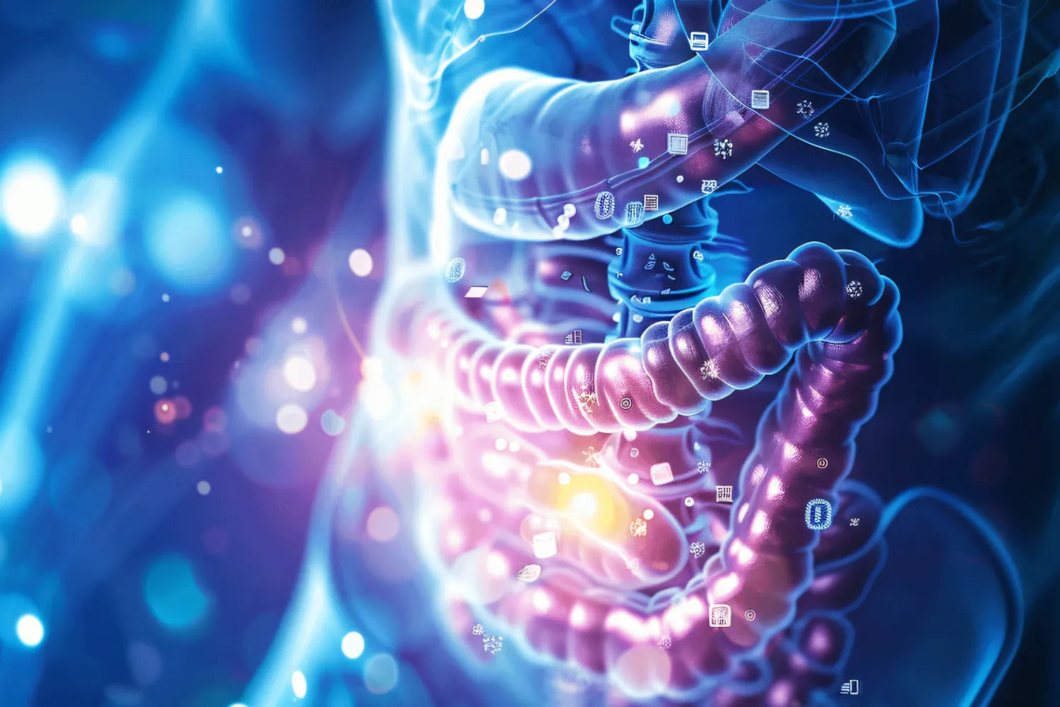 Illustrated human digestive tract with glowing microbiome icons and energy-like light effects on a blue background