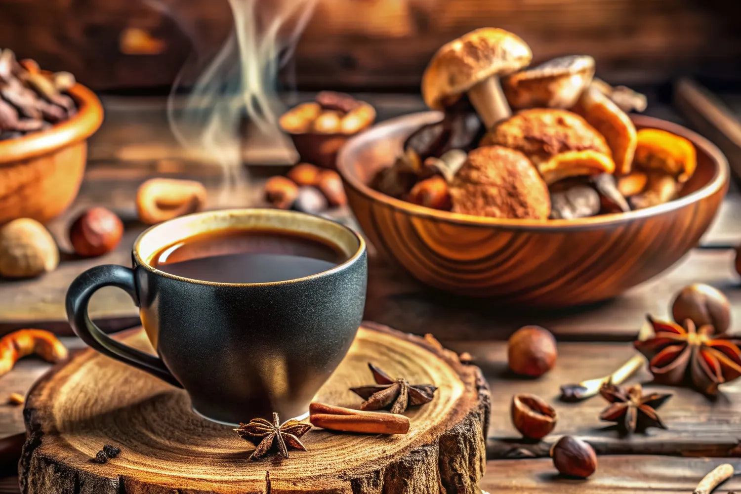Steaming cup of mushroom coffee on a tree-slice coaster with a bowl of dried mushrooms and warming spices on a rustic wooden table