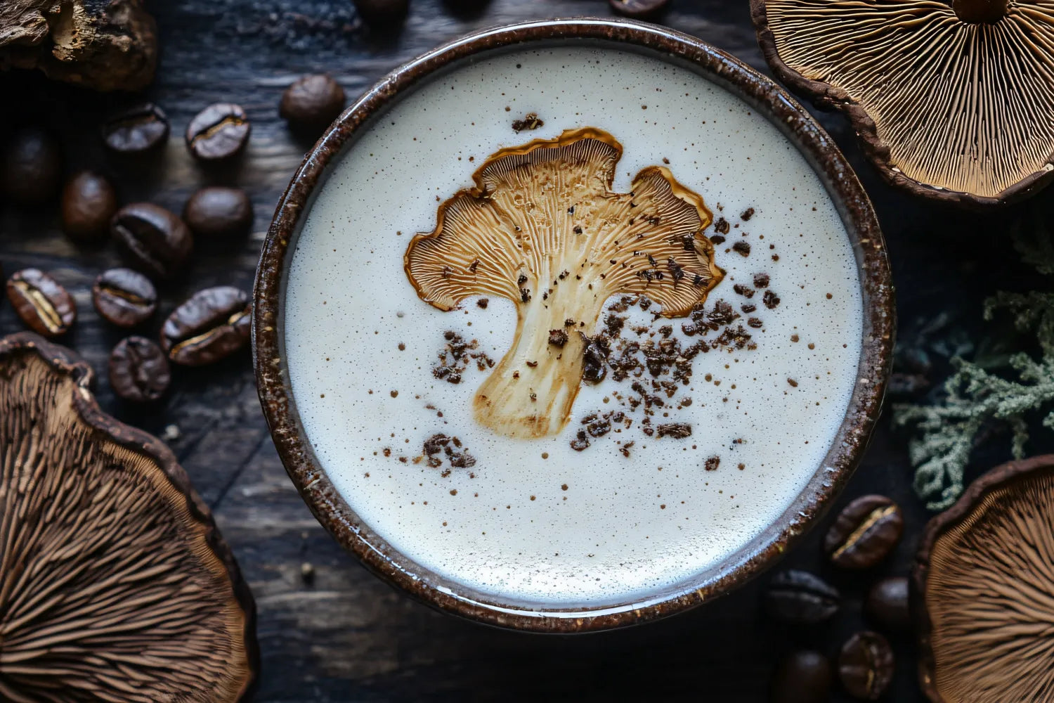 Mushroom coffee latte with a dried mushroom slice and coffee grounds, surrounded by coffee beans on dark wood