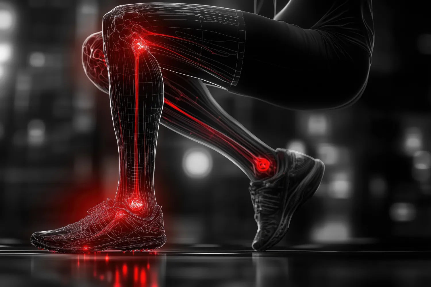 Person’s lower legs in running shoes mid-stride with translucent anatomical overlay showing knee, ankle, and foot joints glowing red to indicate pain