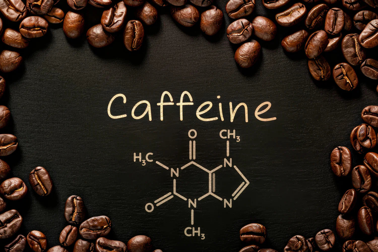 Illustration showing the word ‘Caffeine’ and the caffeine molecule drawn on a dark background framed by roasted coffee beans