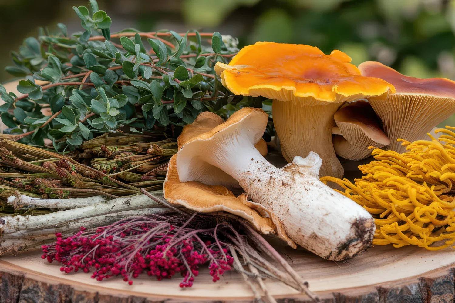Assorted fresh and dried medicinal mushrooms and sprigs of herbs arranged on a wooden slab, including bright orange chanterelle and yellow coral-like fungus