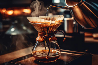 Pour-over coffee brewing in a glass Chemex as a gooseneck kettle pours hot water over a paper filter in a warm café setting