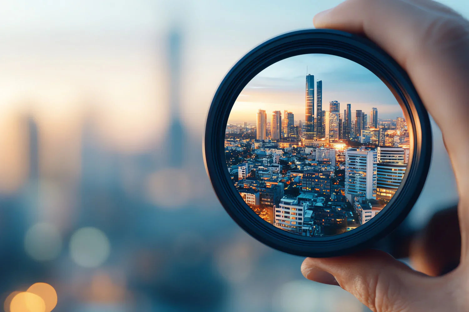 Hand holding a camera lens framing a sharp city skyline at sunset with overlay text How To Focus Better: A Detailed Breakdown