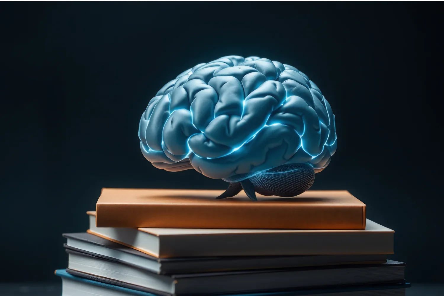Glowing blue brain hovering above a stack of books on a dark background, symbolizing memory and mental sharpness