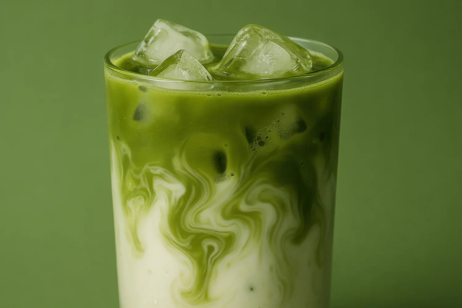 Close-up of iced matcha latte showing green matcha swirling into milk with ice against a green background