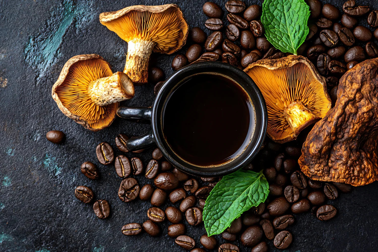 Black coffee in a mug surrounded by dried mushroom pieces, roasted coffee beans, and a mint leaf on a dark stone surface