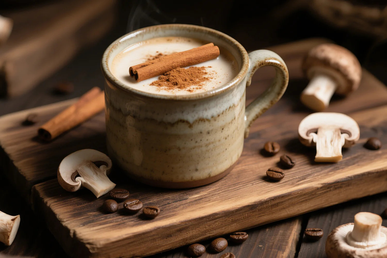 Steaming mug of mushroom coffee topped with cinnamon on wooden board with sliced mushrooms and coffee beans