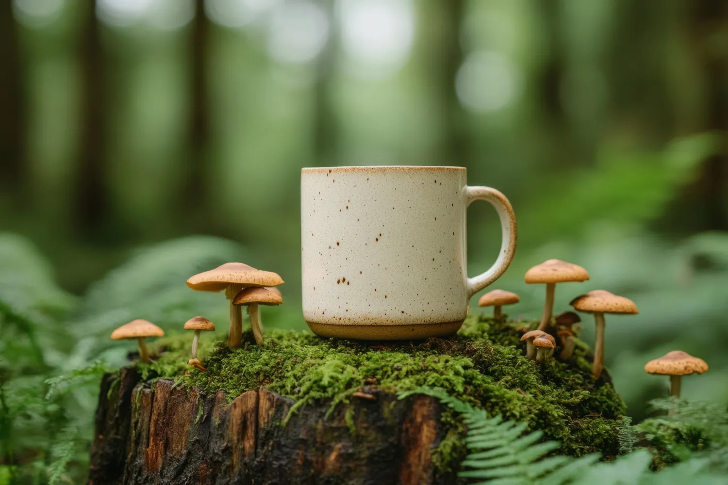 Ceramic coffee mug sitting among small brown mushrooms on a moss-covered tree stump in a shaded forest