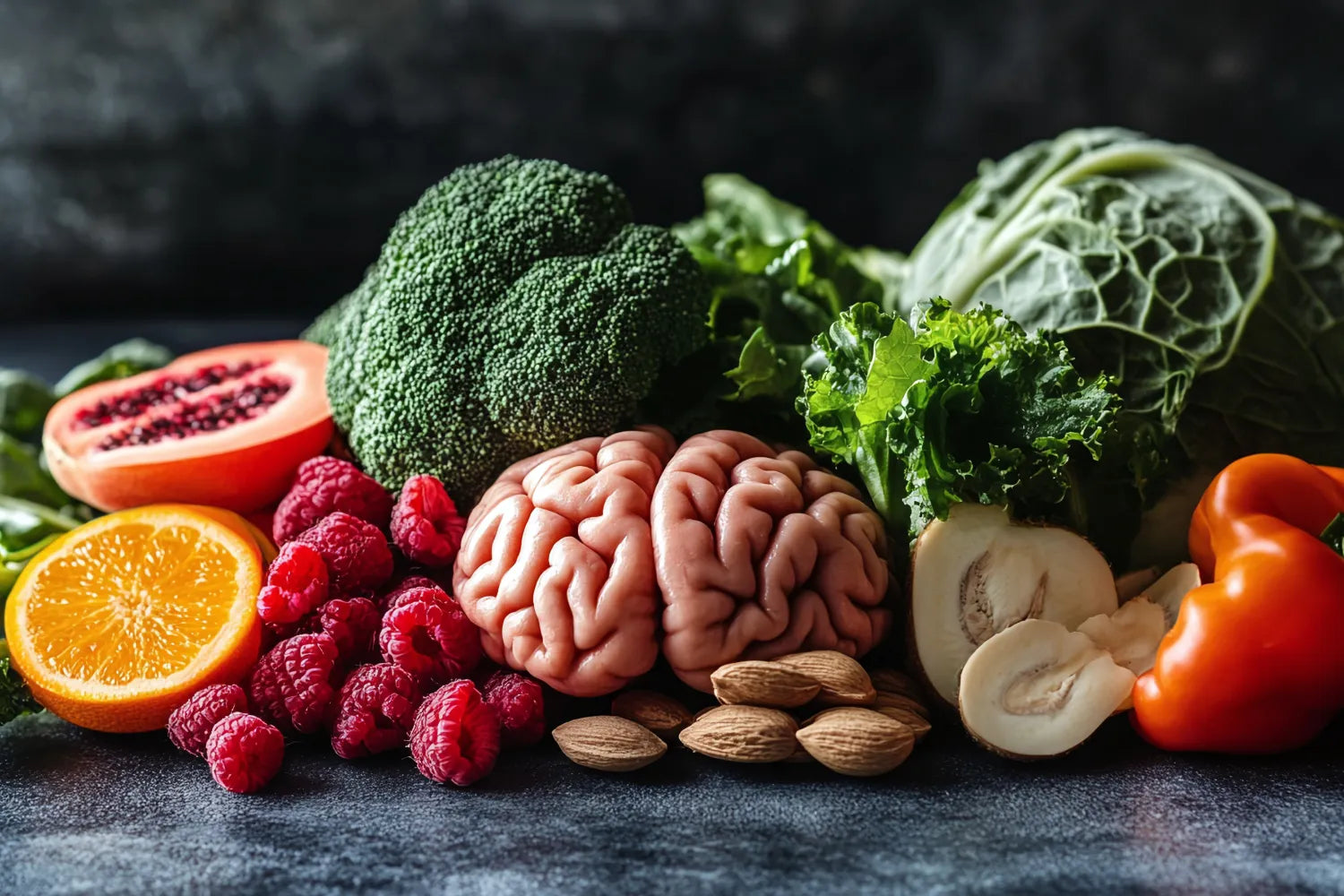 Model brain surrounded by broccoli, kale, raspberries, orange, almonds, mushrooms, and a red bell pepper on a dark countertop