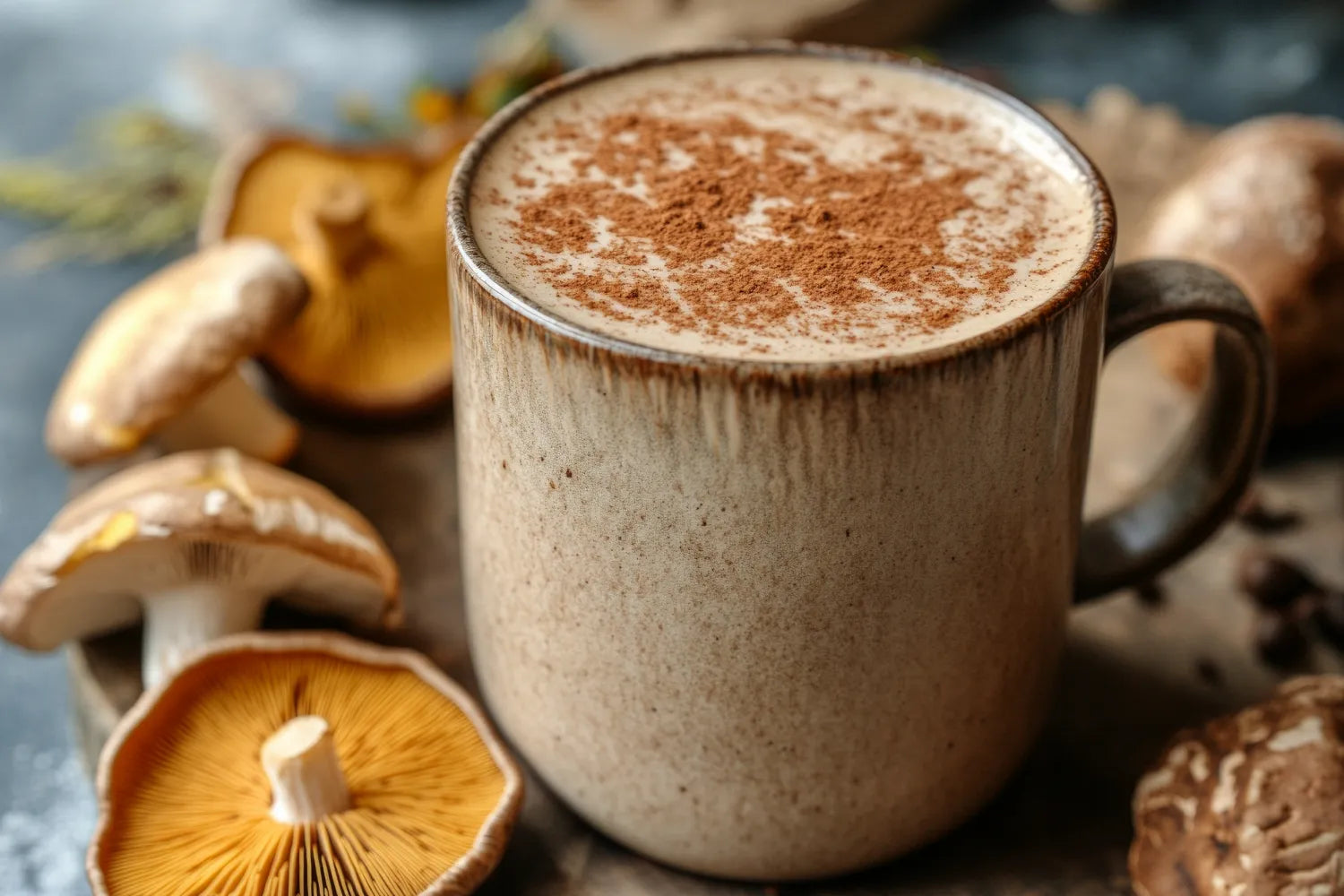 Close-up of a ceramic mug of frothy mushroom coffee dusted with cinnamon, surrounded by fresh shiitake mushrooms on a rustic surface