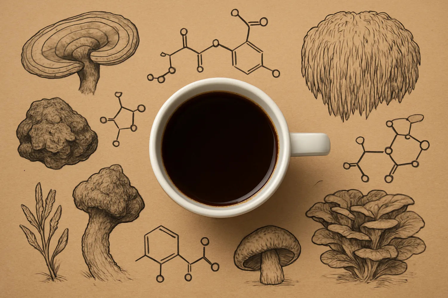 Top-down view of a cup of black mushroom coffee surrounded by pencil sketches of various medicinal mushrooms and chemical compound diagrams on brown paper