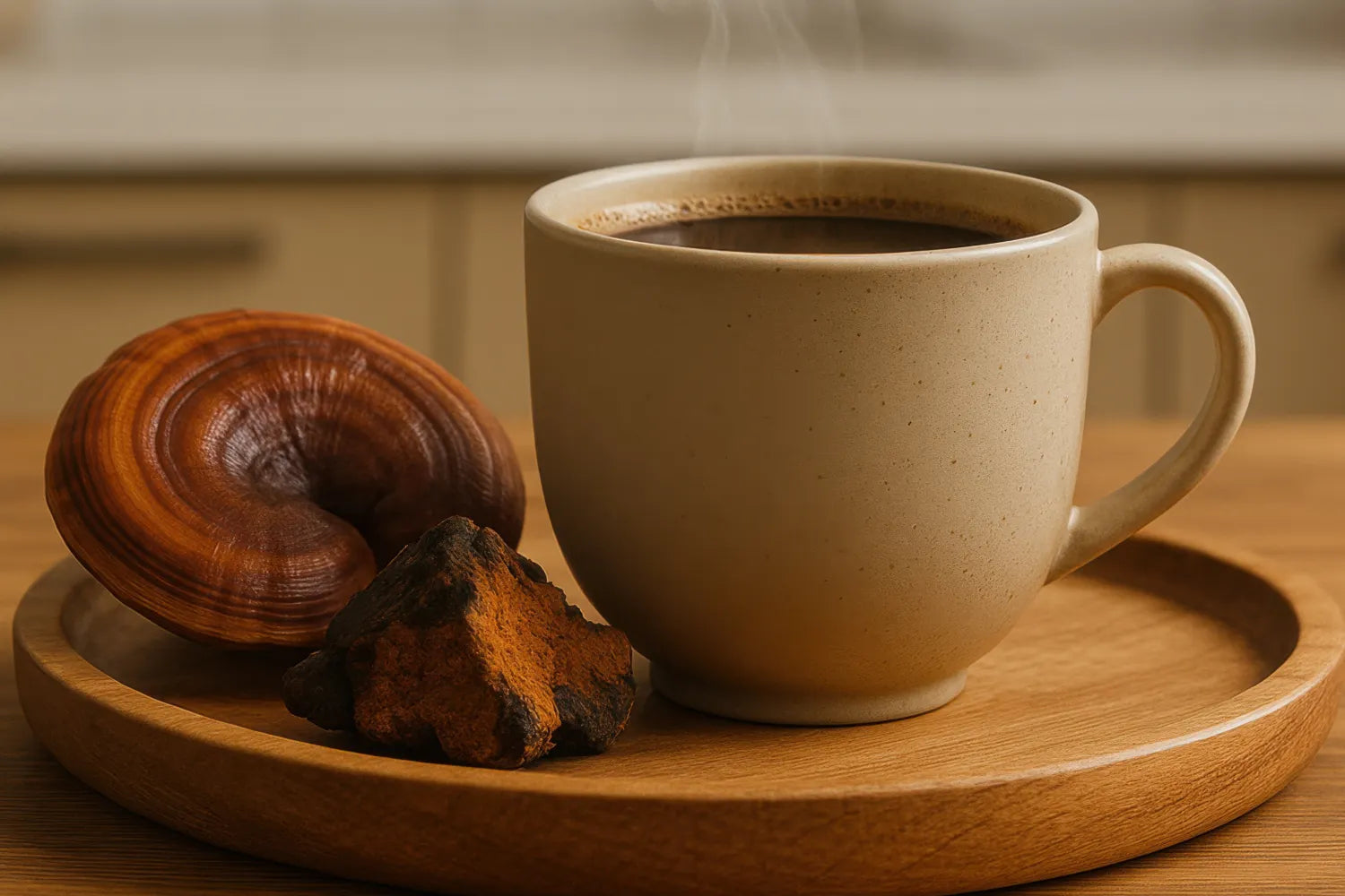 Close-up of mushroom coffee in a beige mug showcasing steam and whole reishi and chaga pieces on a round wooden tray