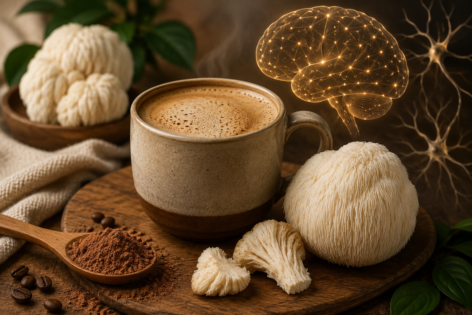 Steaming mug of mushroom coffee beside lion’s mane mushrooms and powder on a wooden board with glowing brain graphic