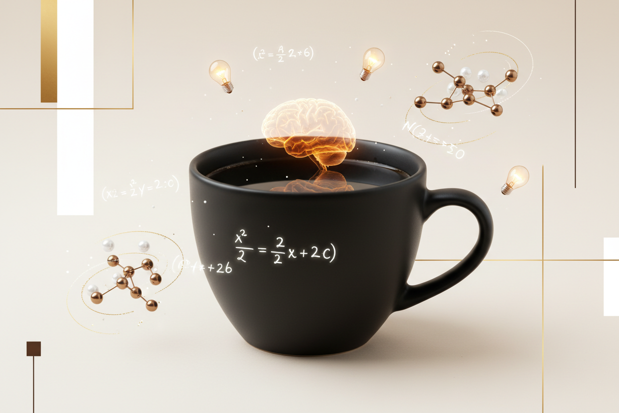 Black coffee cup with a glowing brain hologram above liquid, lightbulbs and molecular models floating on a beige background