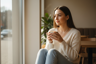 Woman gazing out the window enjoying a functional cup of coffee