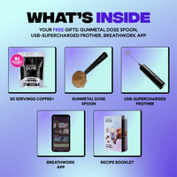 Infographic showing included items: 30-serve Coffee+, gunmetal spoon, USB frother, breathwork app, recipe booklet