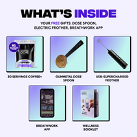 What’s inside: free gifts include Dose Spoon, electric frother, Breathwork app, and wellness booklet