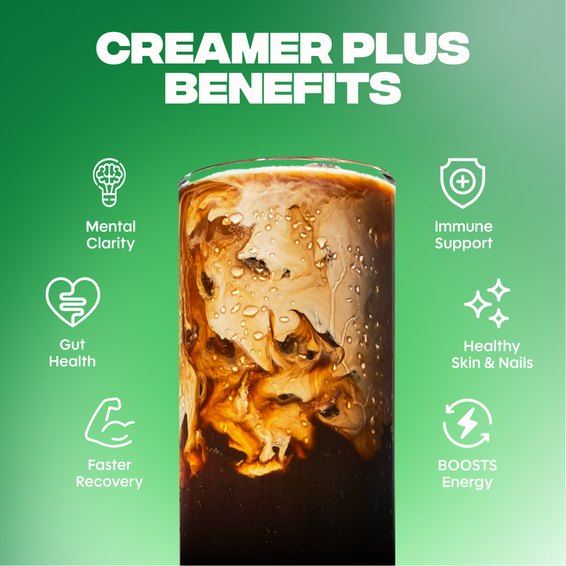 Cold glass of creamy coffee with text and icons highlighting mental clarity, gut health, recovery, immune support, skin, nails, and energy benefits