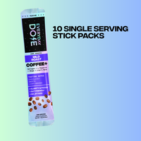 Single serving stick pack of mild roast coffee plus collagen, theanine, chaga, and lion’s mane on blue background.