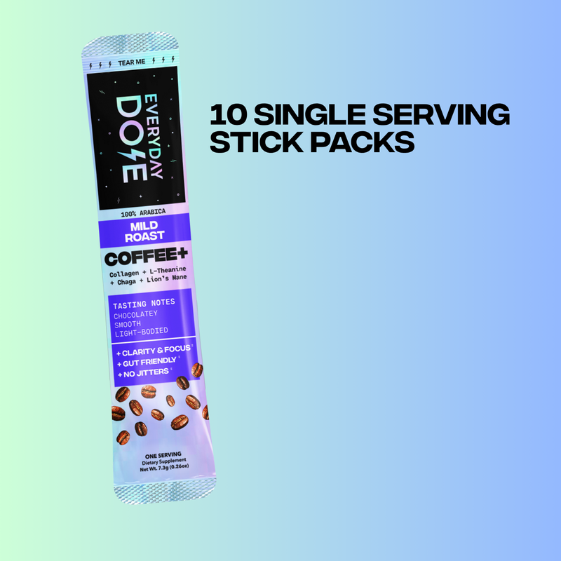 Single serving stick pack of mild roast coffee plus collagen, theanine, chaga, and lion’s mane on blue background.