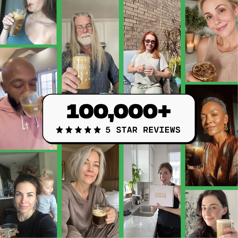 Collage of diverse people enjoying coffee drinks with text highlighting over 100,000 five-star reviews in the center