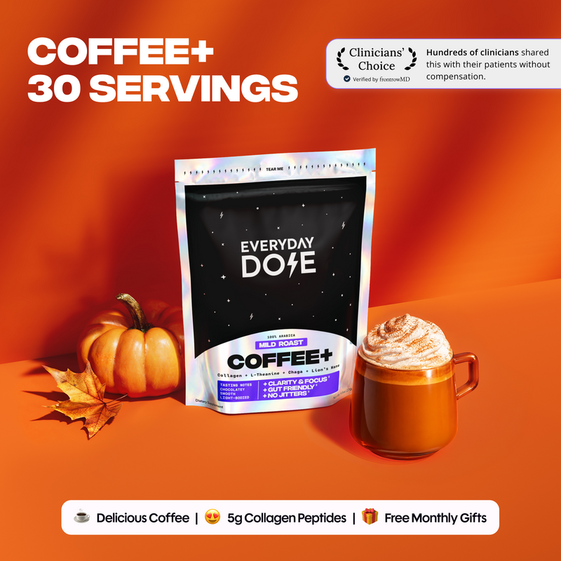 Promotional graphic showing an Everyday Dose coffee pouch labeled mild roast beside a pumpkin and a frothy coffee cup