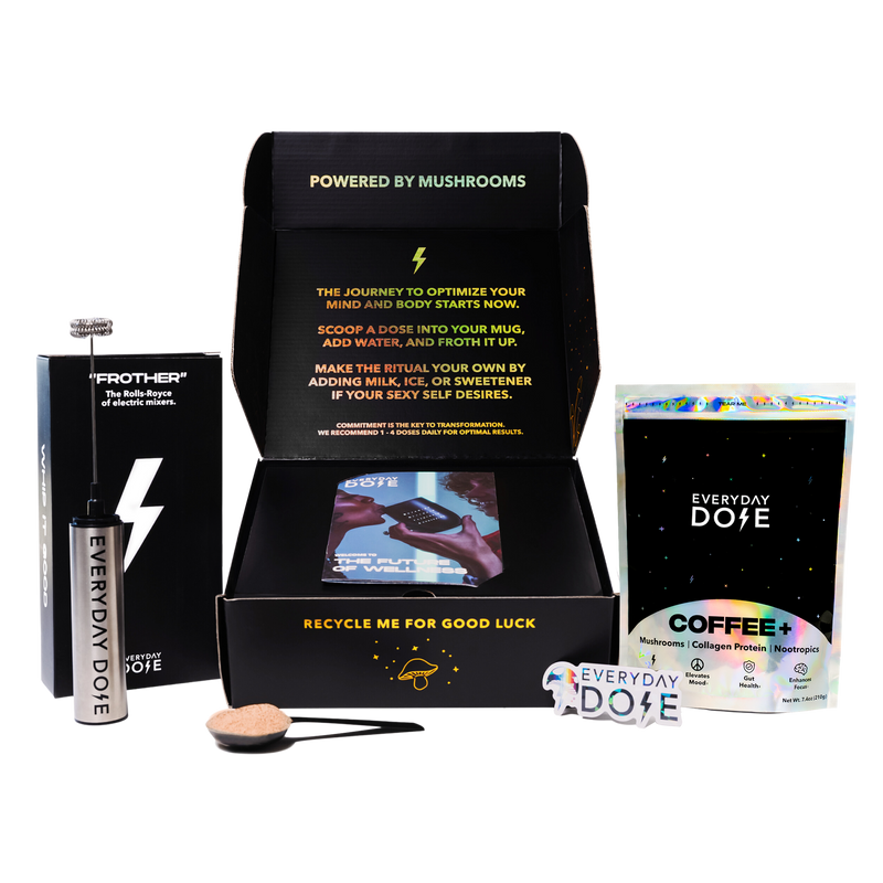 30 Servings Mushroom Coffee starter kit with black packaging, spoon and functional coffee blend pouch displayed