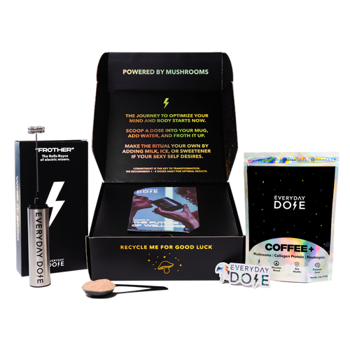 30 Servings Mushroom Coffee starter kit with black packaging, spoon and functional coffee blend pouch displayed
