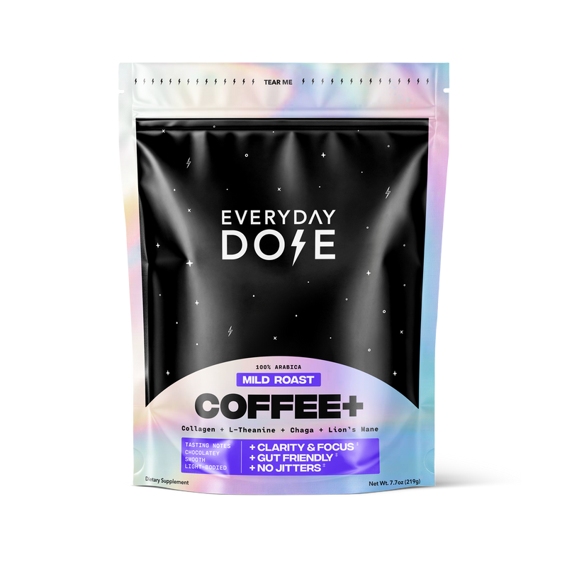 Everyday Dose Coffee+ mild roast bag highlighting clarity, focus, gut-friendly benefits, and no jitters at gallery position 1