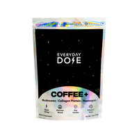 Everyday Dose Mushroom Coffee+ pouch with holographic design featuring benefits of mushrooms, collagen and nootropics