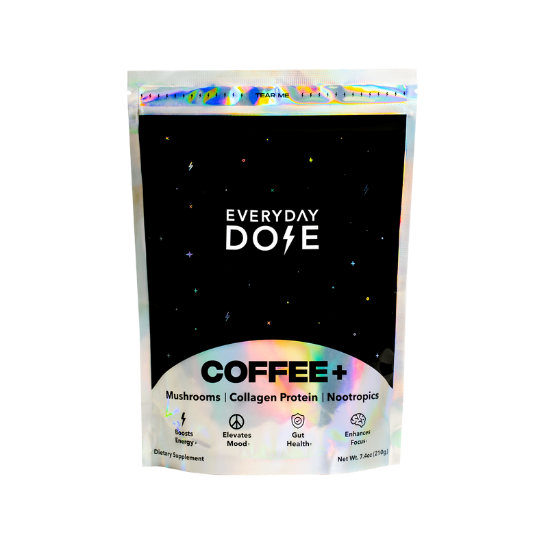 Everyday Dose Mushroom Coffee+ pouch with holographic design featuring benefits of mushrooms, collagen and nootropics