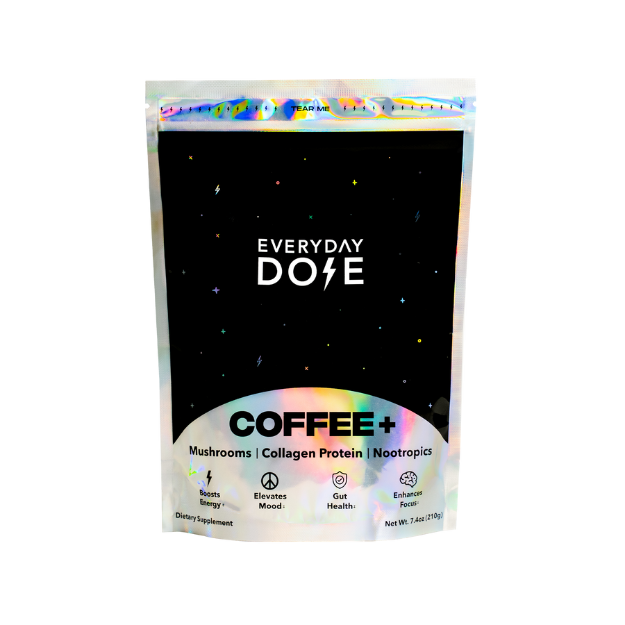 Everyday Dose Mushroom Coffee+ pouch with holographic design featuring benefits of mushrooms, collagen and nootropics