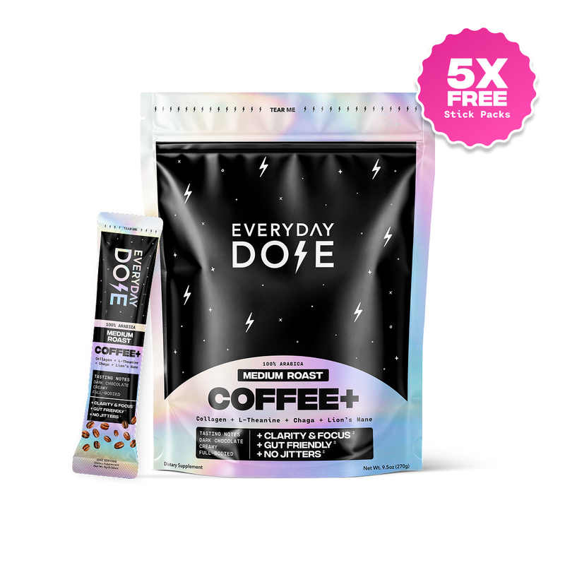 Black and iridescent coffee supplement pouch with stick pack featuring medium roast and added health benefits text