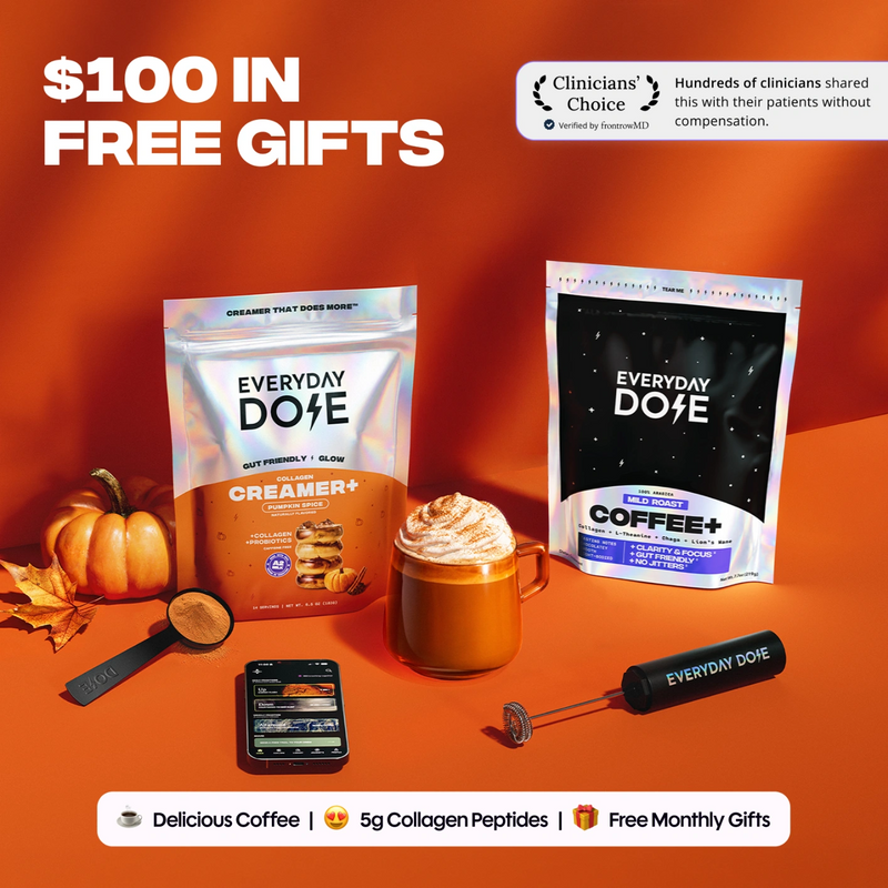 Promotional image featuring Everyday Dose coffee and creamer pouches with a mug frother pumpkins and one hundred dollars in free gifts text