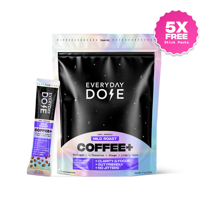 Everyday Dove Mild Roast coffee plus stick pack with benefits for clarity, focus, gut health, and no jitters