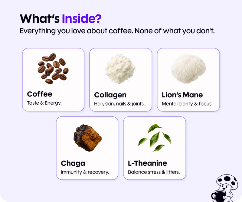 Infographic titled What’s Inside showing ingredients and benefits: coffee, collagen, lion’s mane, chaga, L-Theanine