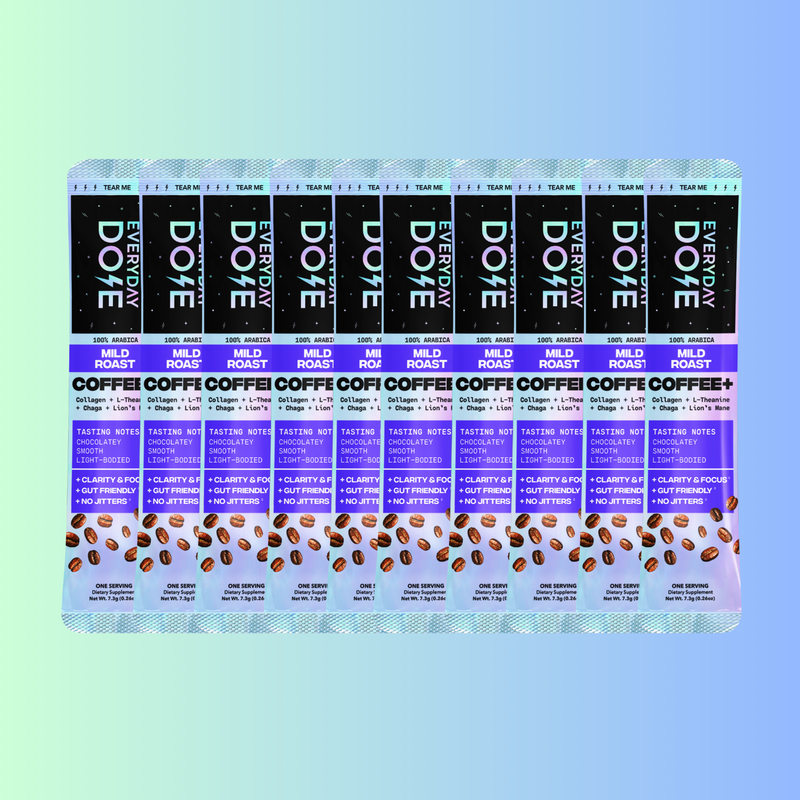 Pack of 10 Coffee+ To-Go stick packs in mild roast with collagen and no jitters shown in gallery position 1