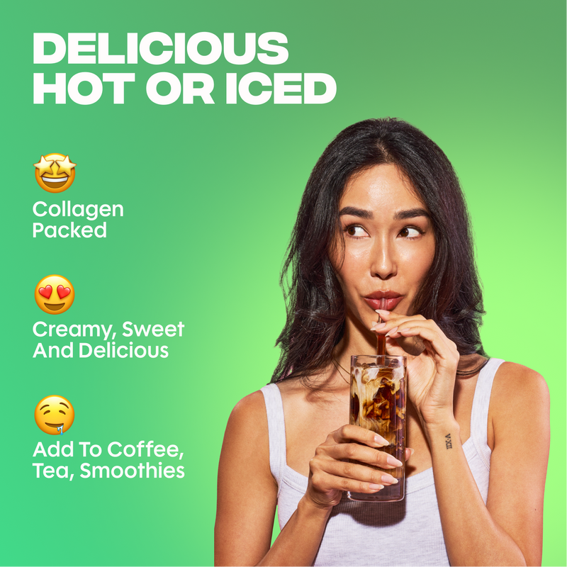Woman sipping iced coffee with green background and text highlighting collagen content and versatile serving options