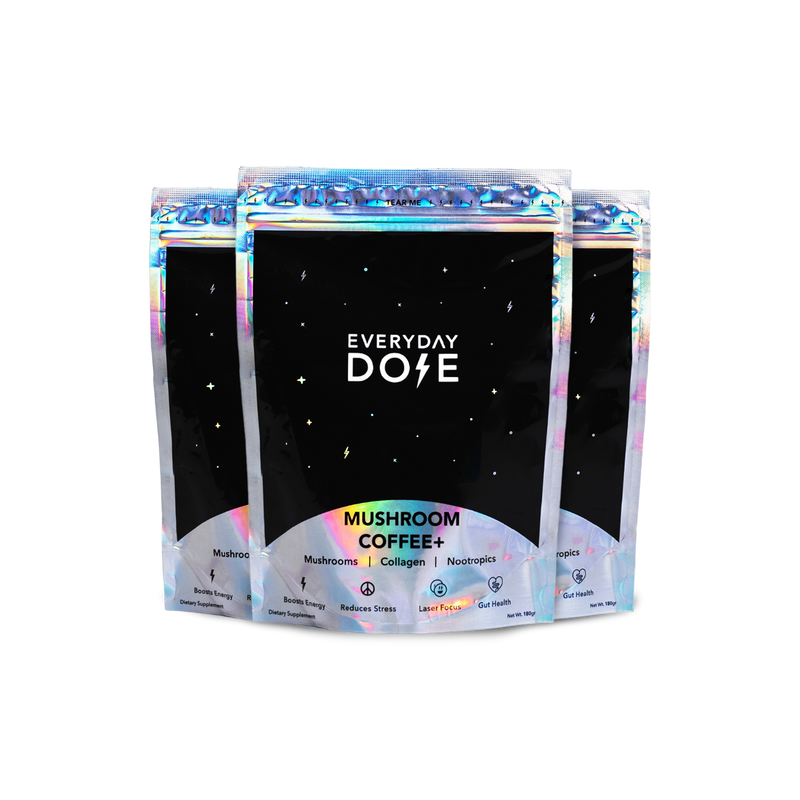 Pre-Paid Annual Plan mushroom coffee pouches with holographic packaging design, showing 90 servings bundle