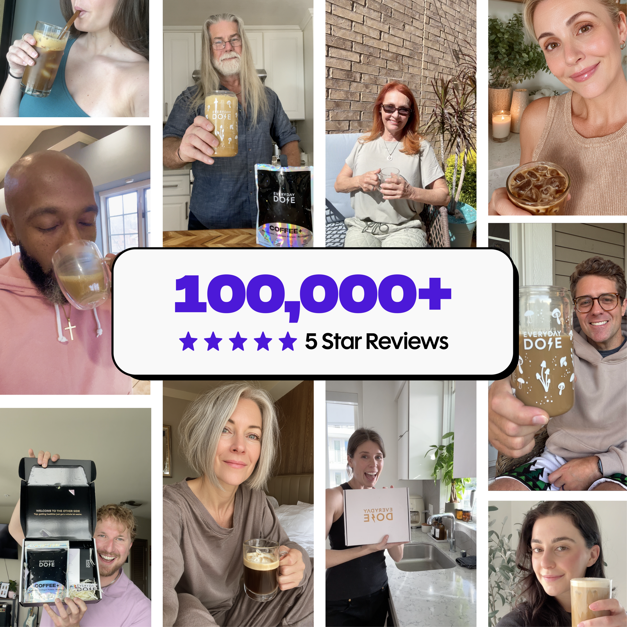 Collage of diverse people happily drinking iced beverages and holding branded cups with a 100,000+ five-star reviews banner.