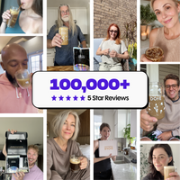 Collage of diverse people happily enjoying iced coffee beverages at home with text showing over 100,000 five-star reviews.